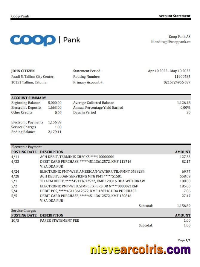 Estonia Coop Pank bank statement
